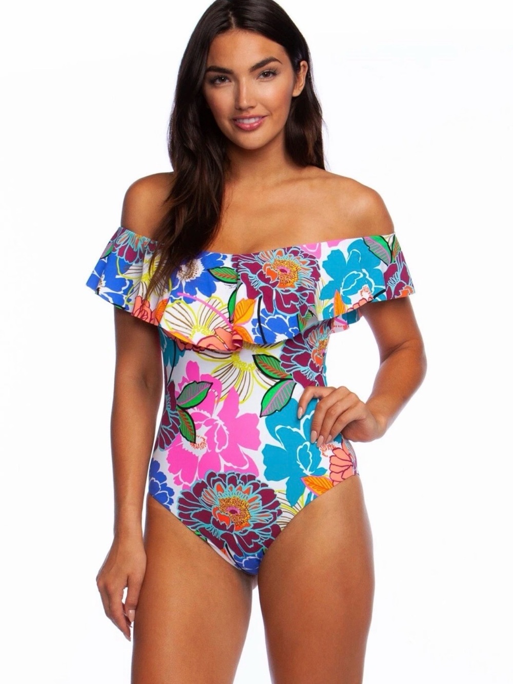 Trina Turk Radiant Blooms Floral Off-Shoulder One-Piece Swimsuit NWT
